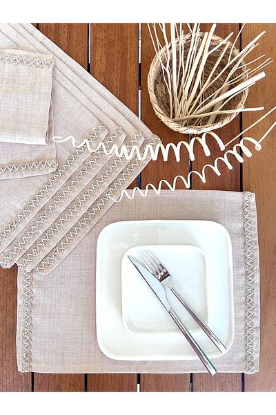 desen izmir American Service, Jute Textured, Linen Linen Gray Glitter Stripe 6 Pieces