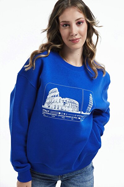 Eazy Co Eazy Italy Oversize Unisex Saks Μπλε Ποδηλατικό Φούτερ με χοντρό λαιμό
