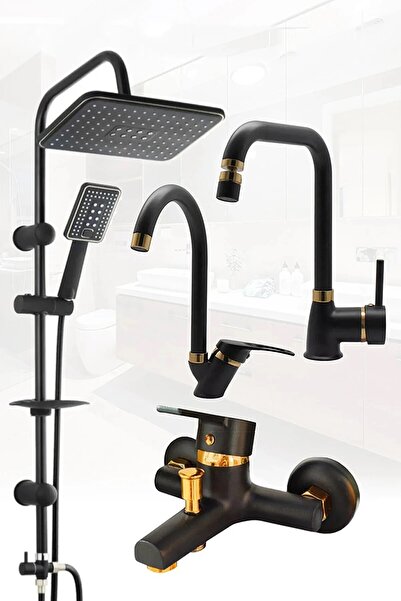 Syronea Delta Siyah Altın Mutfak Banyo Lavabo Duş Bataryası Seti 3 Parça Evye Musluğu Yenileme Seti