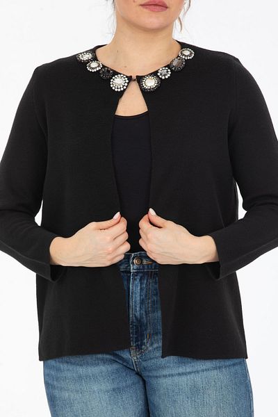 trikobis Special Design Wool Cardigan with Brooch Detail on the Collar and Steel Knit