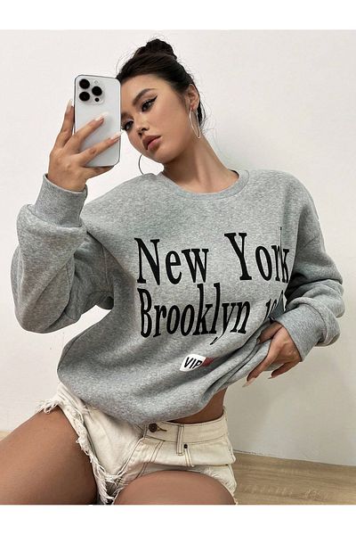 PALPİTO Hanorac oversize cu imprimeu VIP New York gri pentru femei