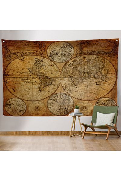 Harita Sepeti Wintage Old World Map - Quality Canvas Duar Carpet, Model 4058