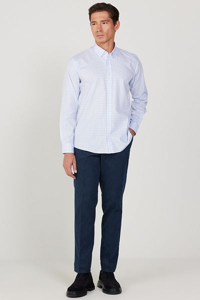 ALTINYILDIZ CLASSICS Men's Blue-White Comfort Fit Relaxed Fit Hidden Button Collar 100% Cotton Checked Shirt