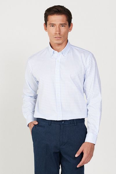 ALTINYILDIZ CLASSICS Men's Blue-White Comfort Fit Relaxed Fit Hidden Button Collar 100% Cotton Checked Shirt