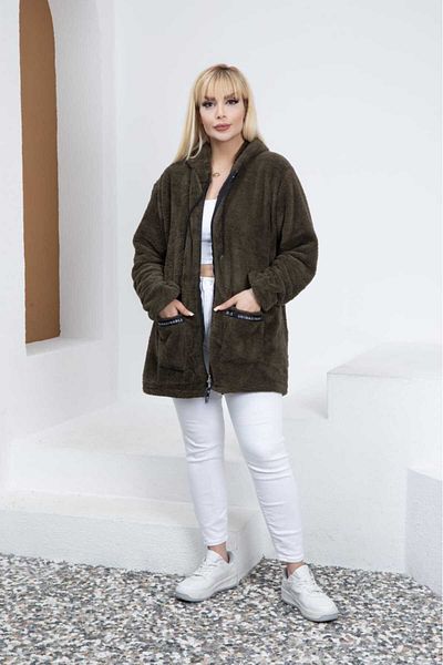 BİrHoşButik PLUS SIZE LYCRA SOFT POCKET HOODED RIBBED ZIPPER WINTER TREND PLUSH FLEECE CARDIGAN