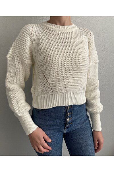 Ekru Crop Yumuşak Dokulu Triko Kazak