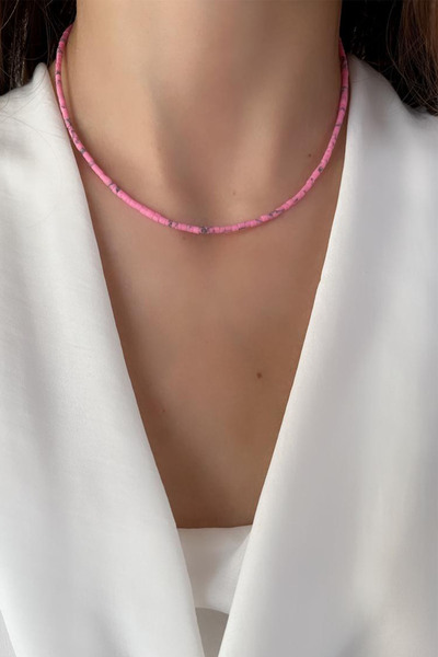 Serline Desing 925 Ayar Gümüş Patentli, Pembe Afgan Taşlı Gümüş Kolye