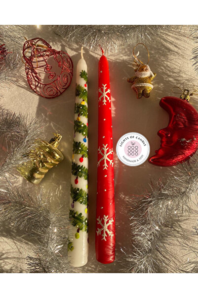 lıghts of candle handmade & 2020 Yeniyıl- Yılbaşı Ağaç Ve Kar Tanesi Desenli El Boyaması 2’li Şamdan Mum