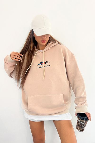 Sun Victoria Φούτερ Unisex Oversize Hooded Cream με 3 νήματα με κεντημένο χτενισμένο βαμβάκι