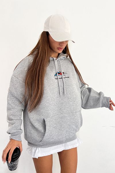 Sun Victoria Φούτερ Unisex Oversize με κουκούλα γκρι 3 νήματα με κεντημένο χτενισμένο βαμβάκι