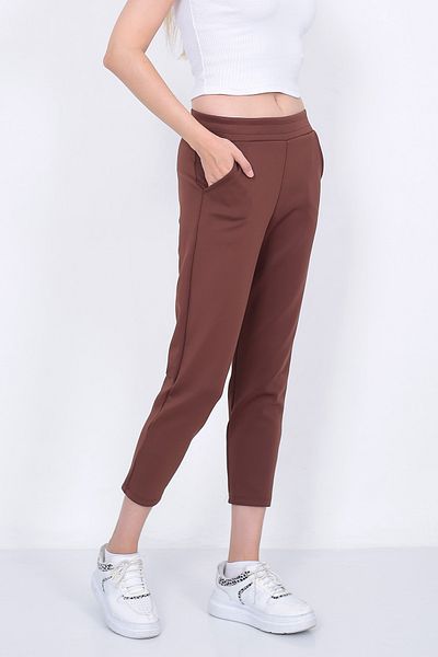 Lamirella Women's Brown High Waist Carrot Cut Scuba Trousers