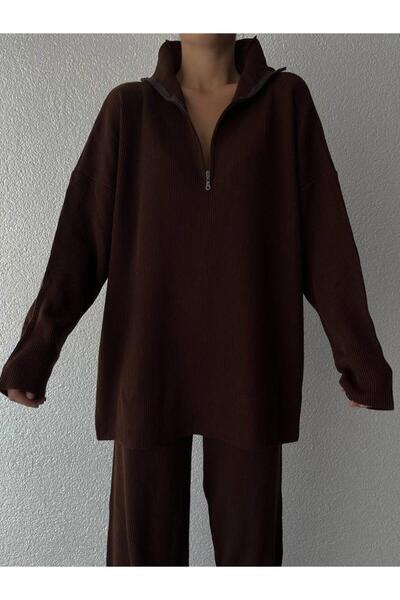 MRS. POLEEN Örgü Detaylı Oversize Kazak Pantolon Triko Alt-üst Takım