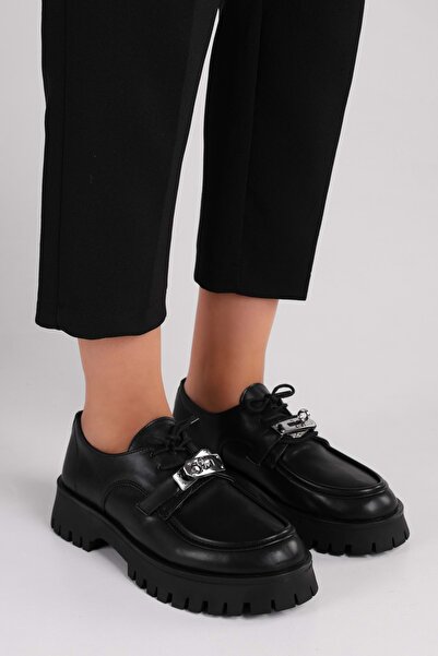 Shoeberry Women's Bowien Black Buckle Lace-up Loafer Black Skin