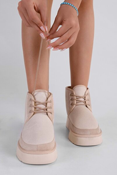 Shoeberry Női buggies bézs szőrös belső rövid velúr lapos csizma bézs textil