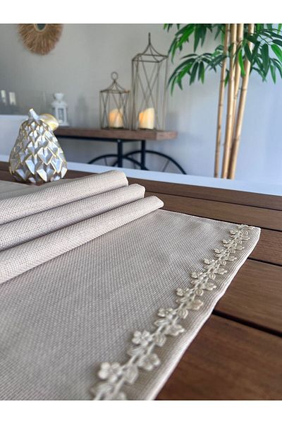 desen izmir Linen Linen, Jute Textured, Beige Leaf Square Runner Blanket