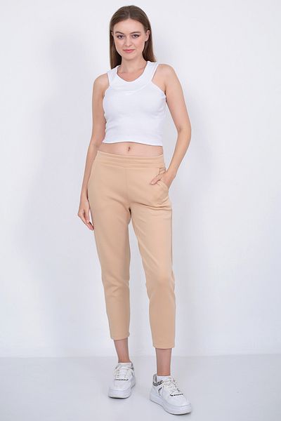 Lamirella Women's Beige High Waist Carrot Cut Scuba Trousers