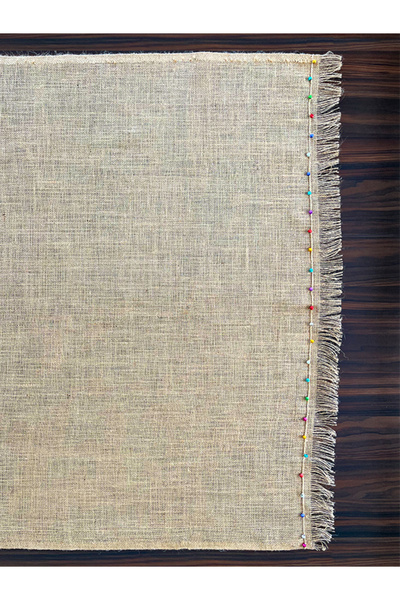 Tuable Lisa Boncuklu Jut Şömentabla, Masa Örtüsü Natural 100x100cm