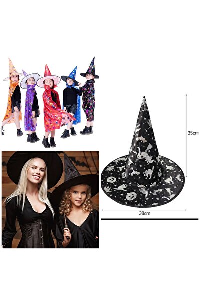 QUEEN AKSESUAR Imported luxury silver patterned black halloween party costume hat halloween witch adult children