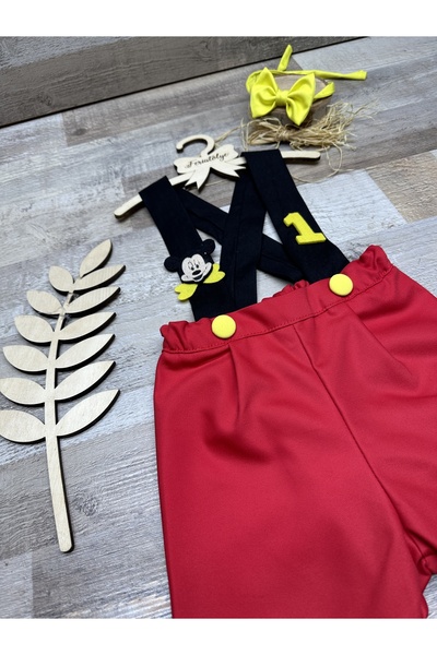 Feriatolye Mickey konseptli 1 yaş doğum günü erkek bebek pantolon papyon takımı