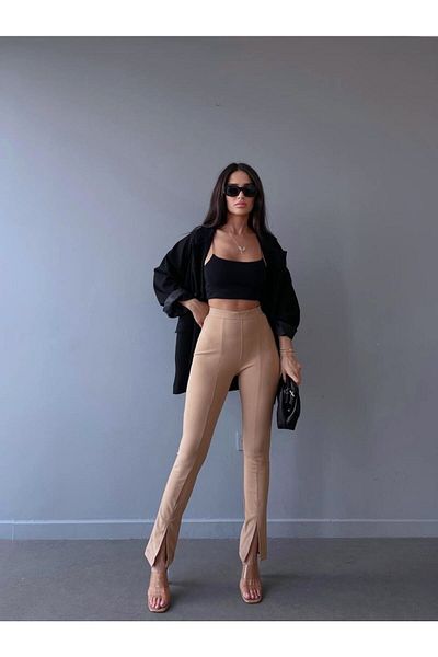 LB Laluna Butik Women's High Waist Slit Detailed Trousers