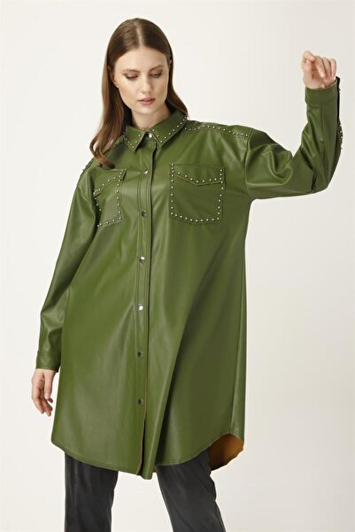 MÜSEMMA Müsemma Plus Size Faux Leather Fabric Zeynep Shirt 24KGML-MUS0003