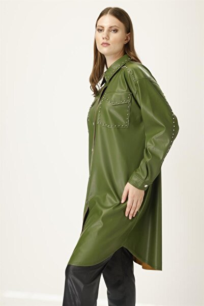 MÜSEMMA Müsemma Plus Size Faux Leather Fabric Zeynep Shirt 24KGML-MUS0003