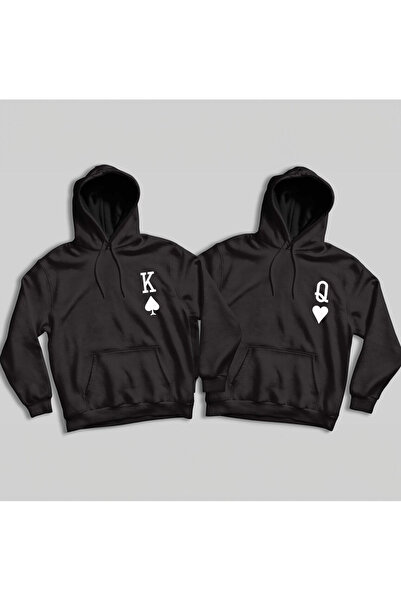 Josette Maça Kalp - Sevgili Çift Kombini Baskılı Oversize Sweatshirt Kışlık Ş...