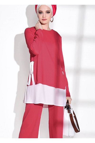 TRENDTESETTÜR Coral Colored Women's Trousers Set - Lace Detailed 5756