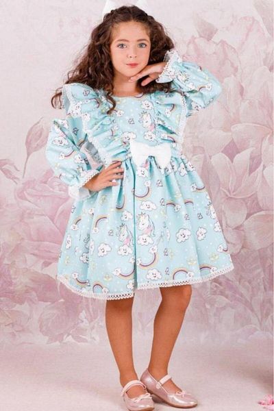 Riccotarz Girl's Unicorn Printed Sleeve Ruffled Embroidered Blue Dress Age 3-12