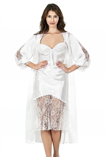 AHU Ecru Long Double Satin Dressing Gown Nightgown Set 7628