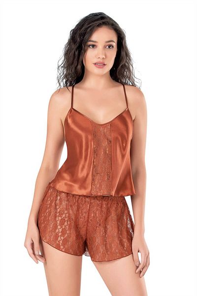 PRIMODA Σετ σορτς Babydoll σατέν σε χρώμα κανέλας - 9110