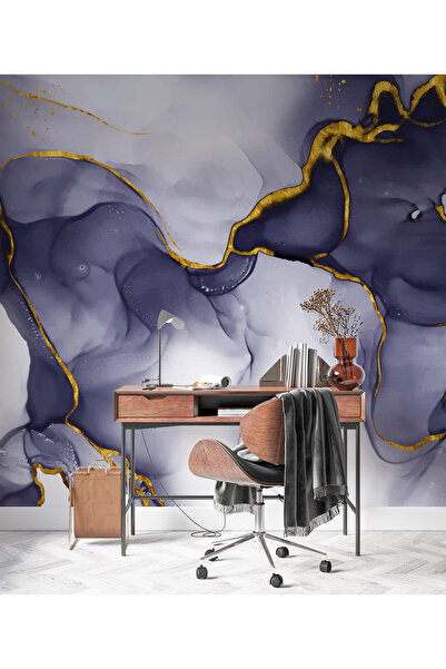 Plustablo Doğal Mermer Görünümlü Mor Duvar Kağıdı, Soyut Duvar Kağıdı, İş yer...