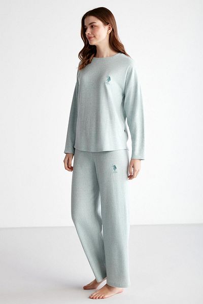 U.S. Polo Assn. Set de pijamale de tricotaj pentru damă, sus cu mânecă lungă, guler lat, jos, picioare largi