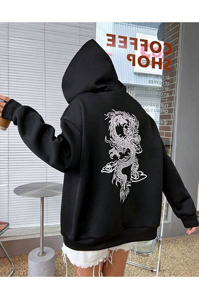 AFROGİYİM Unisex Back Dragon με στάμπα με φερμουάρ με κουκούλα
