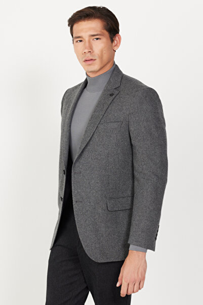 ALTINYILDIZ CLASSICS Men's Anthracite-Grey Comfort Fit Relaxed Fit Mono Collar Print Woolen Jacket