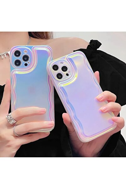 HyperAge iPhone 14 Pro Max Uyumlu Hologram Kılıf Zigzaglı Puffer Renk Geçişli Darbeye Dayanıklı Silikon Kapak