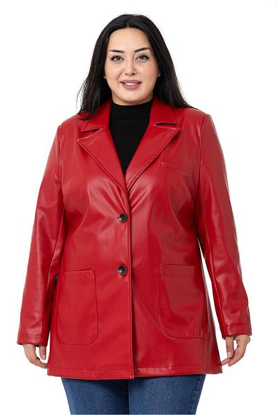 DISENTIS MODEST Large Size Bag Pocket Buttoned Lined Red Faux Leather Jacket