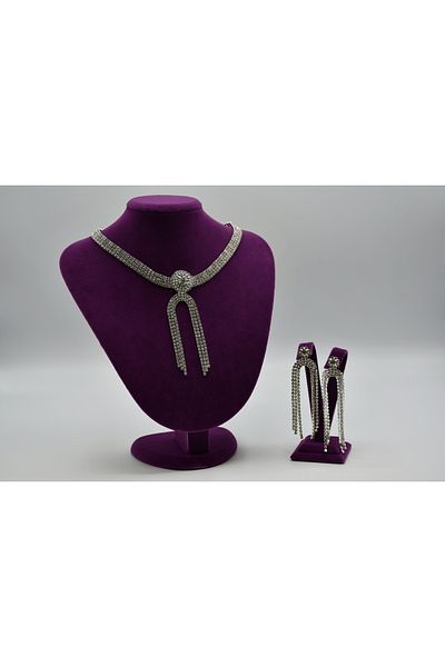 VENTUS ACCESSORIES Crystal White Stoned Bridal Henna Evening Dress Set (Necklace-Earrings)