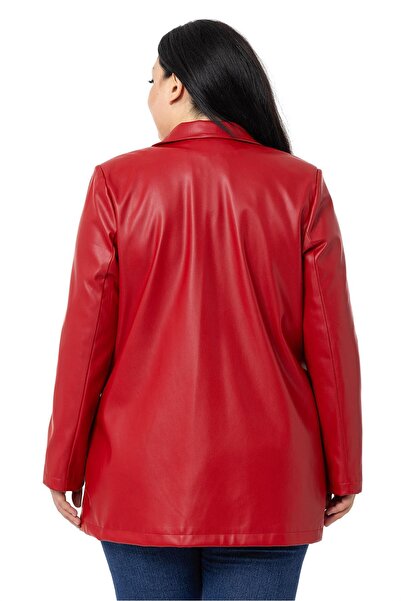 DISENTIS MODEST Large Size Bag Pocket Buttoned Lined Red Faux Leather Jacket