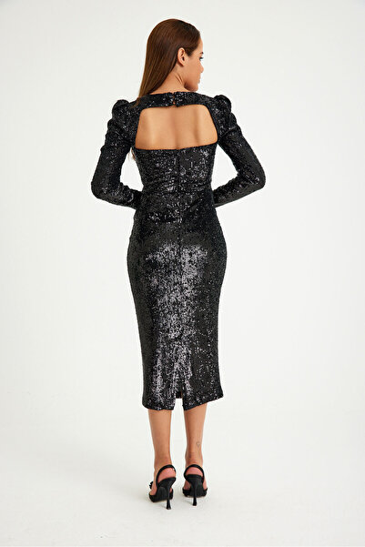 bontesel Midi Boy Arka Yırtmaç Detaylı Payet Kumaş Siyah Abiye Elbise Davet Elbisesi