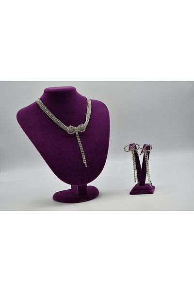 VENTUS ACCESSORIES Crystal White Stoned Bridal Henna Evening Dress Set (Necklace-Earrings)