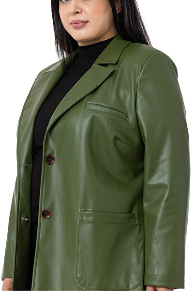 DISENTIS MODEST Large Size Bag Pocket Buttoned Lined Khaki Faux Leather Jacket