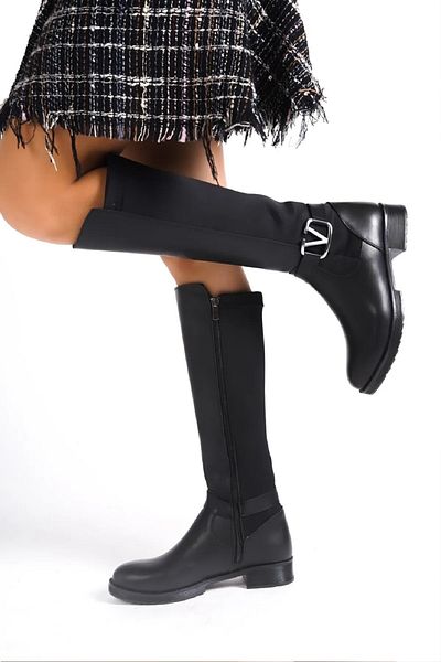 Moda Değirmeni Schwarze Damenstiefel mit Reißverschluss und Schnalle, elastisch, für den Alltag, stilvolle Stiefel unterhalb des Knies, Enpar