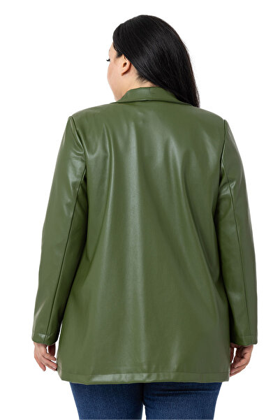 DISENTIS MODEST Large Size Bag Pocket Buttoned Lined Khaki Faux Leather Jacket