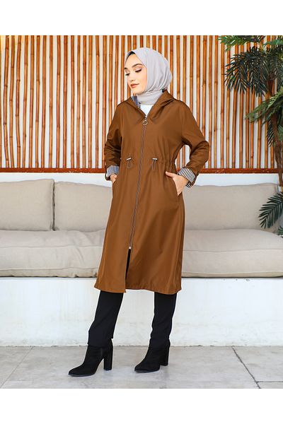 MSK Fashion Ριγέ Λεπτομερής Καμπαρντίνα Καφέ