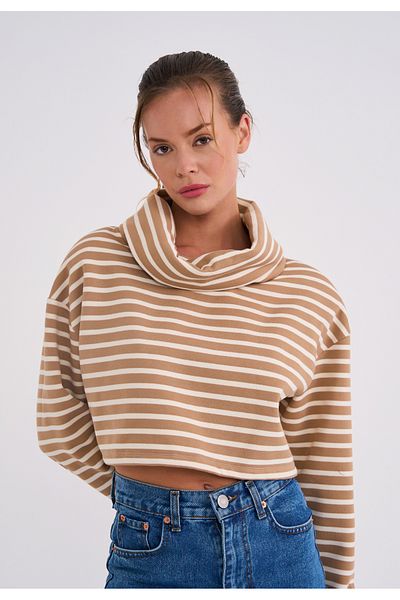 La Sarta Stripe Lover Γυναικείο μπεζ λευκό λαιμό ριγέ Crop Sweat