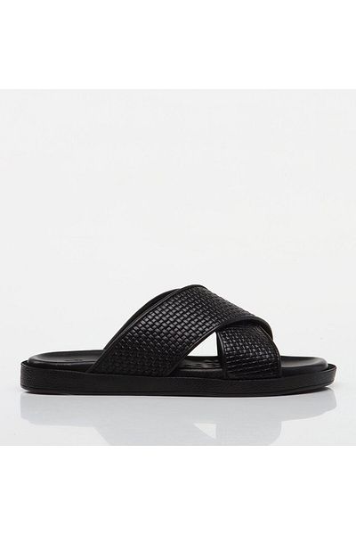 Hotiç Black Genuine Leather Men's Slippers