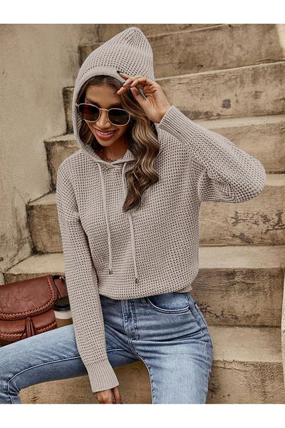 AQE FASHION Tricoturi cu glugă cu mânecă lungă cu gât rotund Pulover Stone