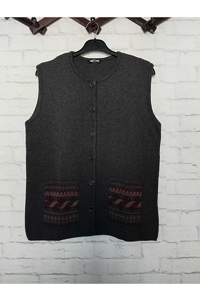 anne moda ankara χειμωνιάτικο, ατσάλινο πλεκτό, στρογγυλή λαιμόκοψη, κοντό γιλέκο με 2 τσέπες με κουμπιά