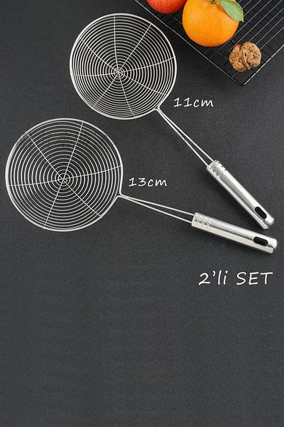 Pink Cat Kitchen Set of 2 Stainless Steel Frying Colander, Oil Strainer, Steel Wire Ladle, 13 Cm And 11 Cm Diameter